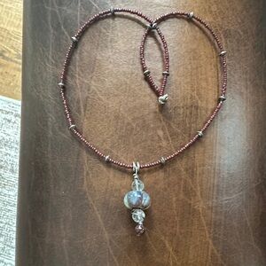 Hand crafted burgundy Beaded Necklace with glass Pendant
